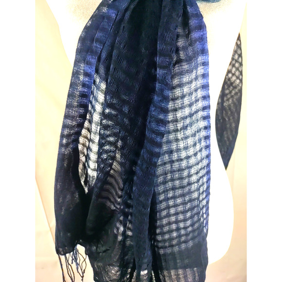 Scarf Rectangle 72" X 24 Blue Green Plaid Fringe Sheer Spring Elegant Party - Picture 7 of 8